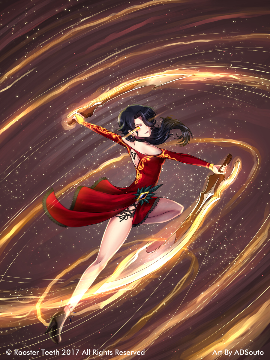 adsouto anklet artist_name bare_shoulders black_hair breasts choker cinder_fall dress dual_wielding glowing glowing_eye hair_over_one_eye high_heels highres holding jewelry long_hair looking_at_viewer medium_breasts motion_lines red_dress rwby solo sword tattoo watermark weapon yellow_eyes