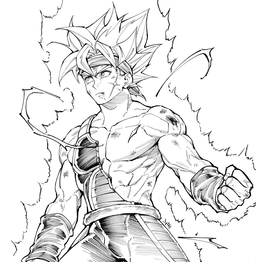 armor aura bandana bardock broken_armor chest clenched_hand dirty dirty_face dragon_ball electricity expressionless fingernails greyscale looking_away male_focus monochrome muscle nipples rheepic scar short_hair simple_background spiked_hair standing stomach super_saiyan upper_body white_background wristband