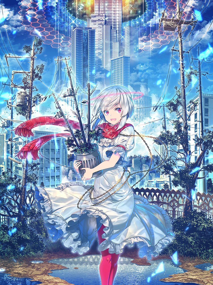 :d bird building cable chain city cityscape cloud commentary_request dress eyebrows_visible_through_hair frills halo highres open_mouth original outdoors pantyhose pole pond red_eyes red_legwear red_scarf scarf short_hair sky smile tree white_dress white_hair zounose