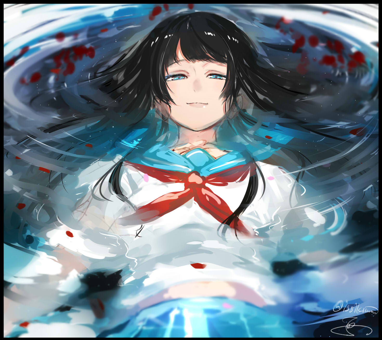 bangs black_hair blue_eyes blue_sailor_collar blue_skirt closed_mouth commentary_request highres isshiki_(ffmania7) long_hair looking_at_viewer neckerchief original partially_submerged pleated_skirt red_neckwear ribbon ripples sailor_collar school_uniform serafuku short_sleeves skirt smile submerged water wet wet_clothes