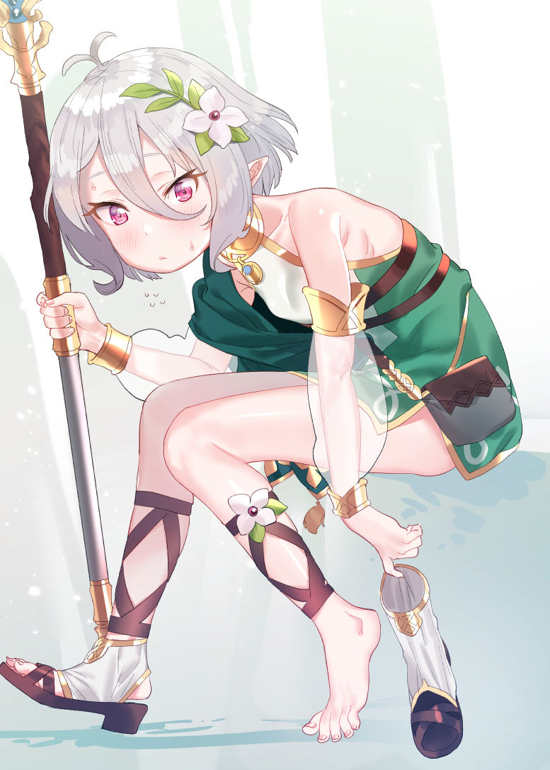 ass bare_shoulders barefoot blush breasts flower greyscale hair_flower hair_ornament holding holding_staff kokkoro_(princess_connect!) looking_at_viewer monochrome pointy_ears princess_connect!_re:dive purple_eyes sandals short_hair sitting small_breasts solo staff subachi sweatdrop