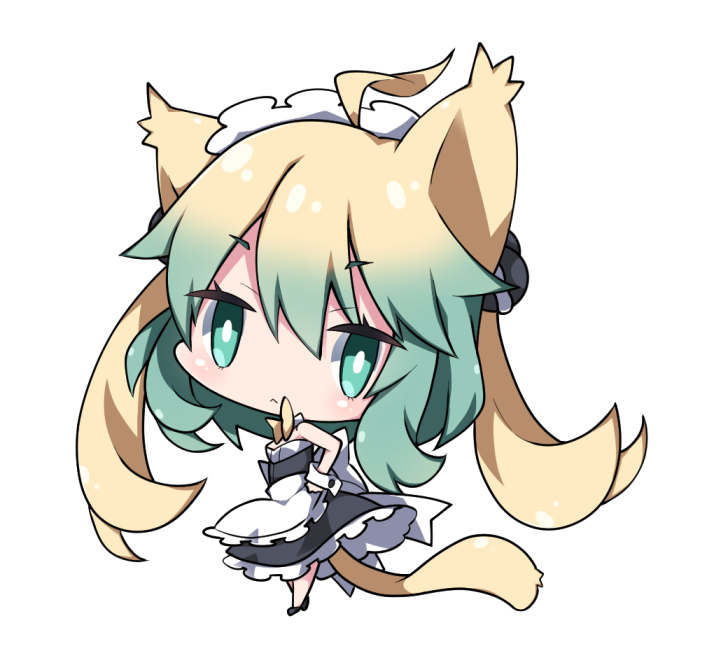:&lt; ahoge alternate_costume animal_ears apron atalanta_(fate) bangs bare_shoulders black_dress black_footwear blonde_hair cat_ears cat_girl cat_tail chibi closed_mouth commentary_request dress enmaided eyebrows_visible_through_hair fate/apocrypha fate_(series) frilled_apron frilled_dress frills gradient_hair green_eyes green_hair hair_between_eyes head_tilt looking_at_viewer looking_to_the_side maid maid_headdress milkpanda multicolored_hair simple_background sleeveless sleeveless_dress solo standing tail waist_apron white_apron white_background wrist_cuffs