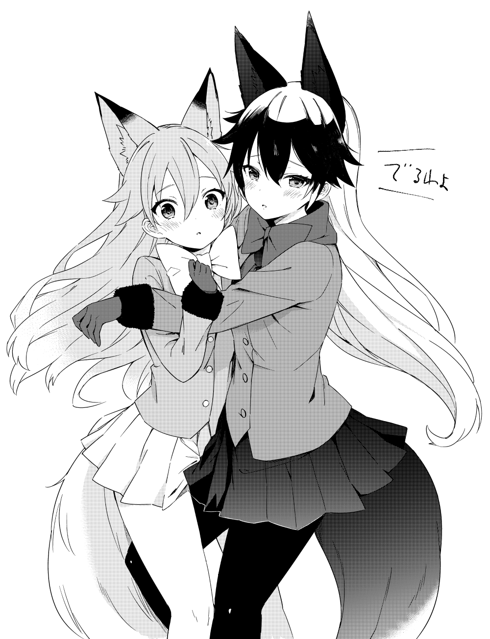 animal_ear_fluff animal_ears between_legs blazer blush bow commentary_request dot_nose extra_ears ezo_red_fox_(kemono_friends) floating_hair fox_ears fox_girl fox_tail fur-trimmed_sleeves fur_trim furrowed_eyebrows gloves gradient_hair greyscale hair_between_eyes hand_up highres hug jacket katagishi kemono_friends long_hair long_sleeves looking_at_viewer monochrome multicolored_hair multiple_girls pantyhose parted_lips pleated_skirt scarf silver_fox_(kemono_friends) simple_background skirt tail translation_request tsurime very_long_hair white_background
