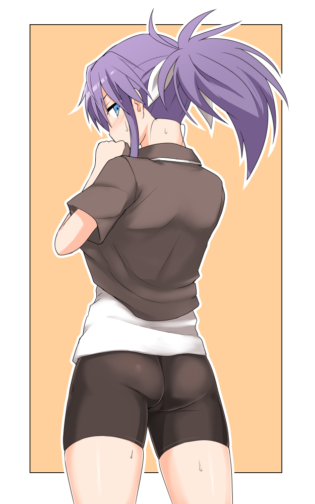 ass bike_shorts black_shirt black_shorts blue_eyes from_behind hair_ribbon imura_(shiro_maru) long_hair looking_at_viewer looking_back original ponytail purple_hair ribbon shiro_maru shirt short_sleeves shorts solo sweat white_ribbon