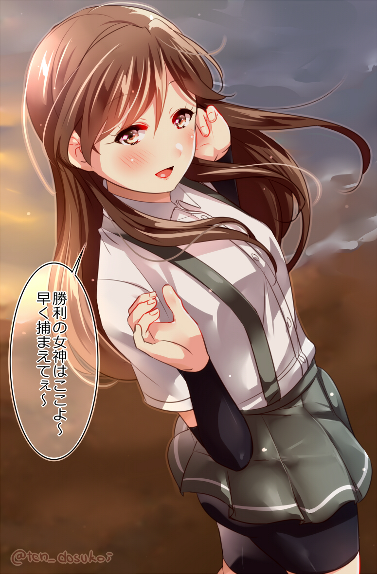 :d arashio_(kantai_collection) arm_warmers bangs bike_shorts black_shorts blush breasts brown_eyes brown_hair brown_sky cloud cloudy_sky collared_shirt commentary_request dark_sky dress_shirt fingernails from_side grey_skirt grey_sky hand_in_hair hands_up juurouta kantai_collection long_hair looking_at_viewer looking_to_the_side medium_breasts miniskirt open_mouth outdoors pleated_skirt school_uniform shirt shirt_tucked_in short_sleeves shorts shorts_under_skirt single_horizontal_stripe skirt sky smile solo speech_bubble suspenders translation_request twitter_username white_shirt wing_collar