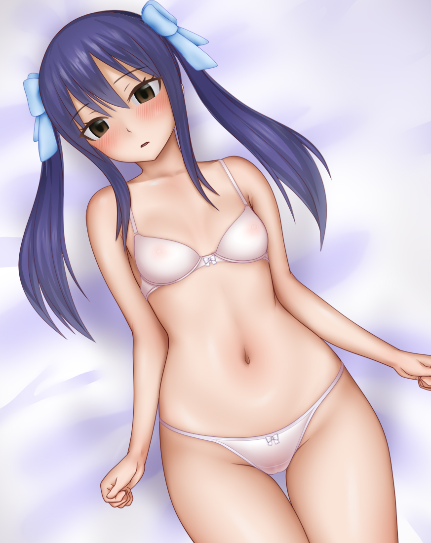 bangs bed_sheet blue_bow blush bow bow_bra bow_panties bra breasts brown_eyes cameltoe clenched_hands commentary_request covered_nipples crotch_seam eyebrows_visible_through_hair fairy_tail from_above hair_bow head_tilt light_frown long_hair looking_at_viewer lying navel on_back on_bed panties parted_lips ponte purple_hair see-through small_breasts solo thighs twintails underwear underwear_only wendy_marvell white_bra white_panties