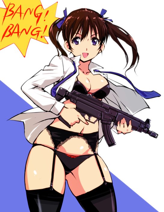 bangs black_bra black_garter_belt black_legwear black_panties blue_neckwear blue_ribbon bow bow_bra bow_panties bra breasts brown_hair cleavage collarbone commentary_request eyebrows_visible_through_hair garter_belt gun hair_ribbon holding holding_gun holding_weapon lace-trimmed_garter_belt lingerie looking_at_viewer medium_breasts navel necktie open_clothes open_shirt original panties panties_over_garter_belt purple_eyes ribbon shirt standing thighhighs thighs twintails underwear weapon white_shirt yuya