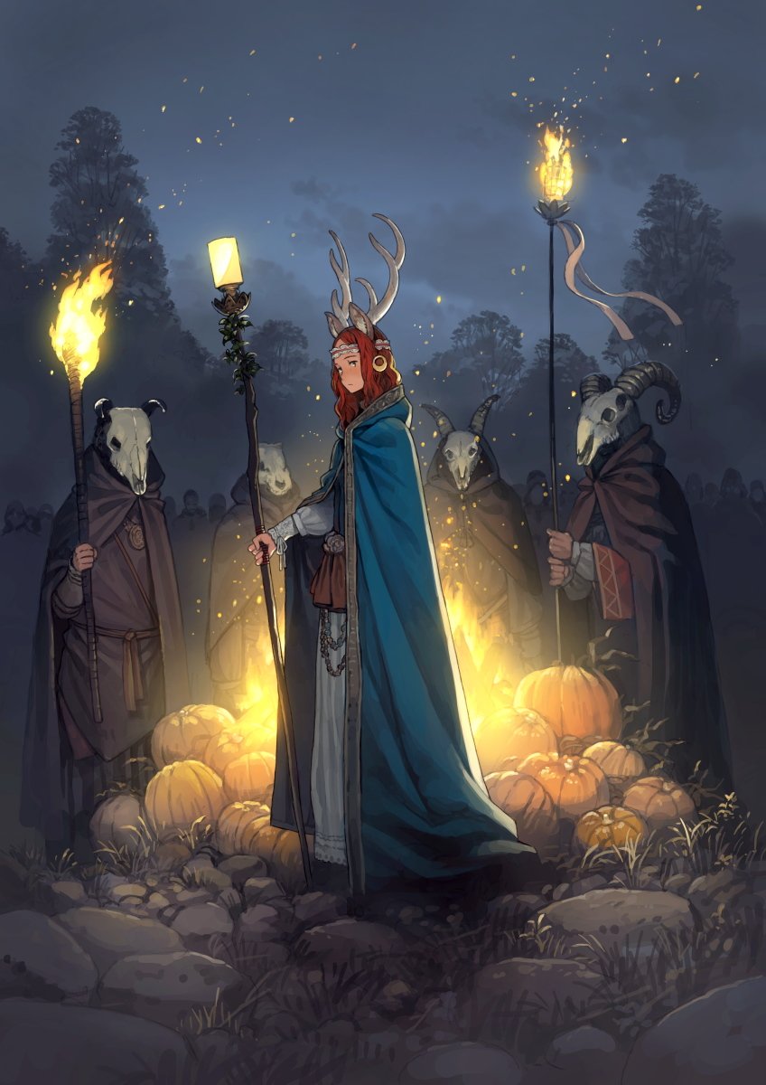 4others antlers cape closed_mouth expressionless highres holding holding_staff long_sleeves looking_at_viewer multiple_others night original outdoors pumpkin red_hair scenery staff standing torch yoshida_seiji
