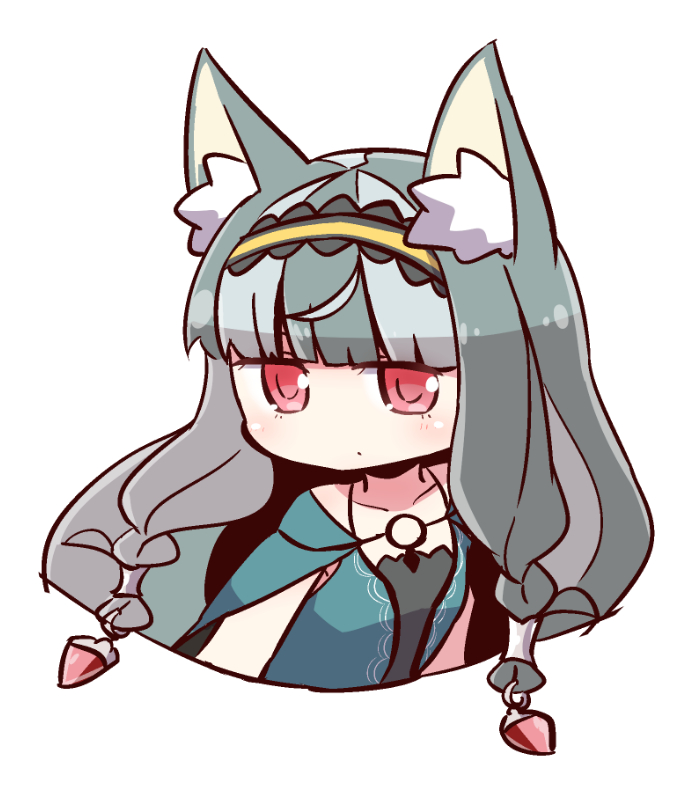 animal_ear_fluff animal_ears bangs blue_dress blunt_bangs blush closed_mouth collarbone copyright_request cropped_torso dress eyebrows_behind_hair grey_hair hair_ornament hairband head_tilt long_hair looking_at_viewer naga_u red_eyes simple_background solo very_long_hair white_background