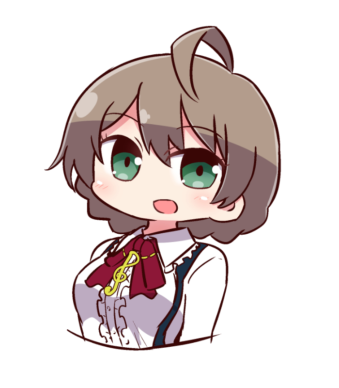 :d ahoge bangs blush bow breasts brown_hair center_frills collared_shirt cropped_torso eyebrows_visible_through_hair frills green_eyes hair_between_eyes head_tilt idolmaster idolmaster_million_live! idolmaster_million_live!_theater_days looking_at_viewer medium_breasts naga_u open_mouth red_bow sakuramori_kaori shirt simple_background smile solo suspenders treble_clef white_background white_shirt