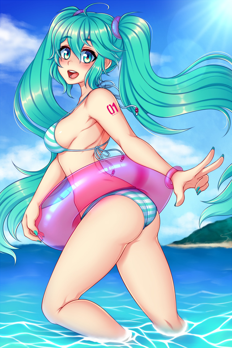 ahoge ass beach bikini blue_eyes blue_hair blue_nails blush breasts commentary day english_commentary eyebrows_visible_through_hair hatsune_miku innertube long_hair looking_at_viewer medium_breasts nail_polish open_mouth sideboob solo spewing_mews striped striped_bikini sunlight swimsuit tattoo twintails very_long_hair vocaloid wading