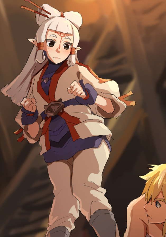 1girl black_eyes blonde_hair blue_eyes clenched_hand closed_mouth facial_mark forehead_mark hair_ornament hair_stick hair_tubes jacket link long_hair long_sleeves looking_at_another looking_back mdf_an pants paya_(zelda) pointy_ears the_legend_of_zelda the_legend_of_zelda:_breath_of_the_wild tunic wavy_mouth white_hair white_jacket white_pants worried