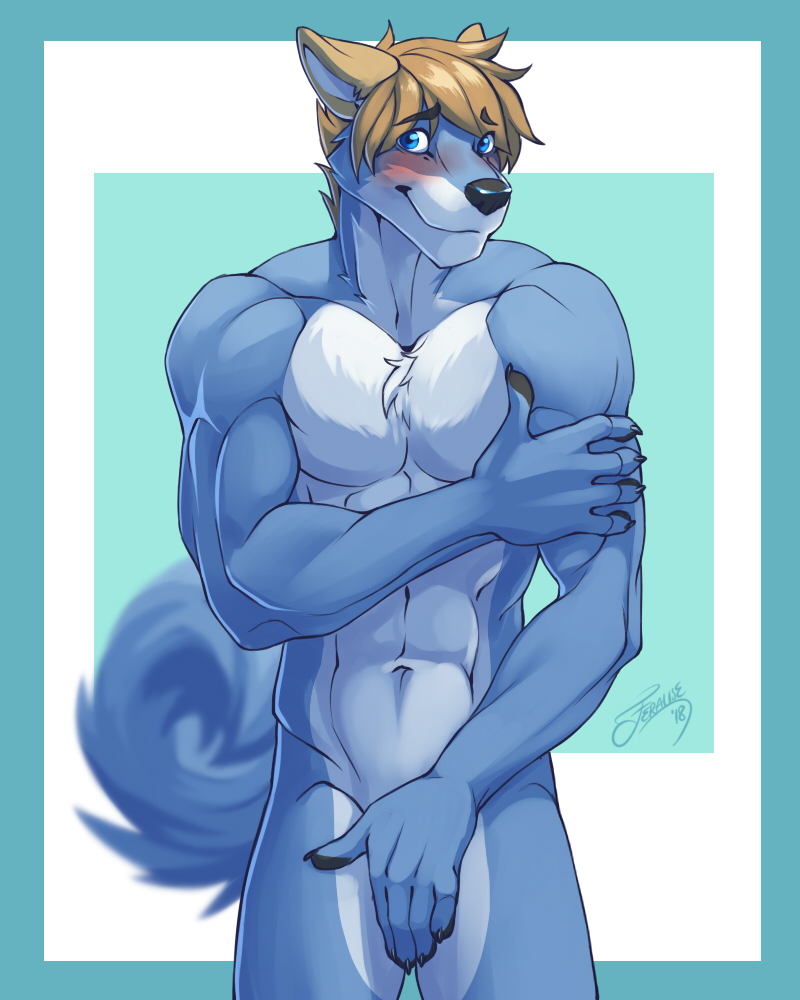 2018 5_fingers abs anthro biceps black_nose blue_eyes blue_fur blue_skin blush brown_hair canine claws convenient_censorship ears_back eyebrows feralise fingerpads fur hair hand_on_shoulder male mammal multicolored_fur multicolored_skin muscular muscular_male pecs shy simple_background smile solo two_tone_background two_tone_fur two_tone_skin white_background white_fur white_skin wolf