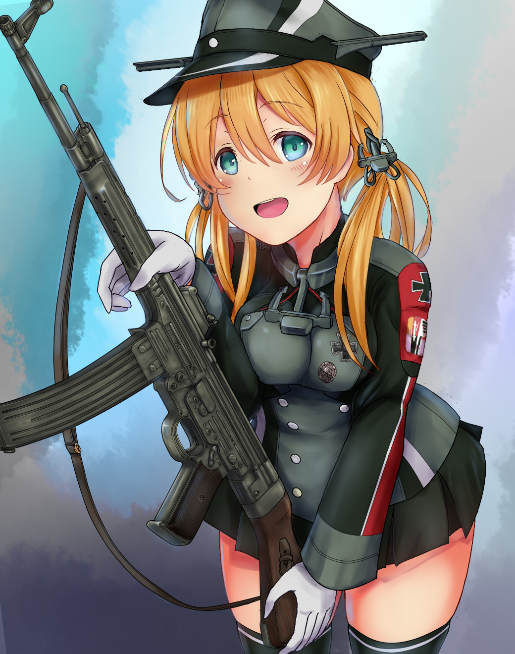 anchor anchor_hair_ornament aqua_eyes assault_rifle black_skirt blonde_hair commentary_request em_s eyebrows_visible_through_hair gloves gun hair_ornament hat highres iron_cross kantai_collection low_twintails microskirt military military_hat military_uniform open_mouth peaked_cap prinz_eugen_(kantai_collection) rifle skindentation skirt smile solo stg44 thighhighs twintails uniform weapon white_gloves