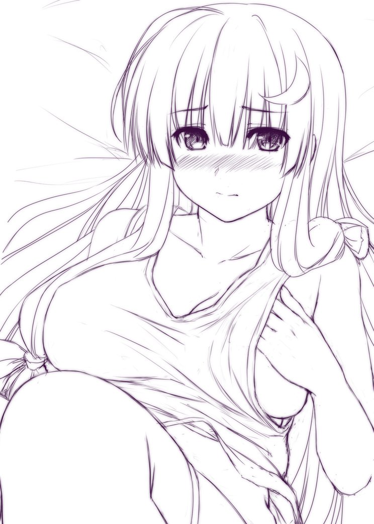 bare_shoulders blush bow breasts cleavage collarbone commentary crescent crescent_hair_ornament eyebrows_visible_through_hair hair_bow hair_ornament knees_up large_breasts long_hair looking_at_viewer lying midriff monochrome no_hat no_headwear nori_tamago patchouli_knowledge shorts sketch solo tank_top thighs touhou very_long_hair