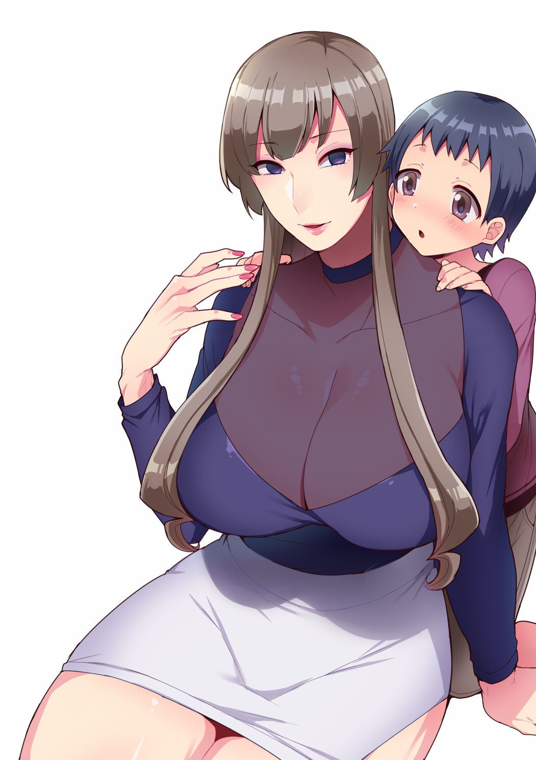 1girl :o bangs blue_eyes blue_hair blue_shirt blush breasts brown_hair cleavage collarbone eyebrows_visible_through_hair hands_on_another's_shoulders highres huge_breasts long_hair long_sleeves looking_at_another miniskirt mogiki_hayami nail_polish original parted_lips pencil_skirt pink_lips pink_nails purple_eyes purple_shirt see-through shirt side_slit simple_background sitting skirt smile white_background white_skirt