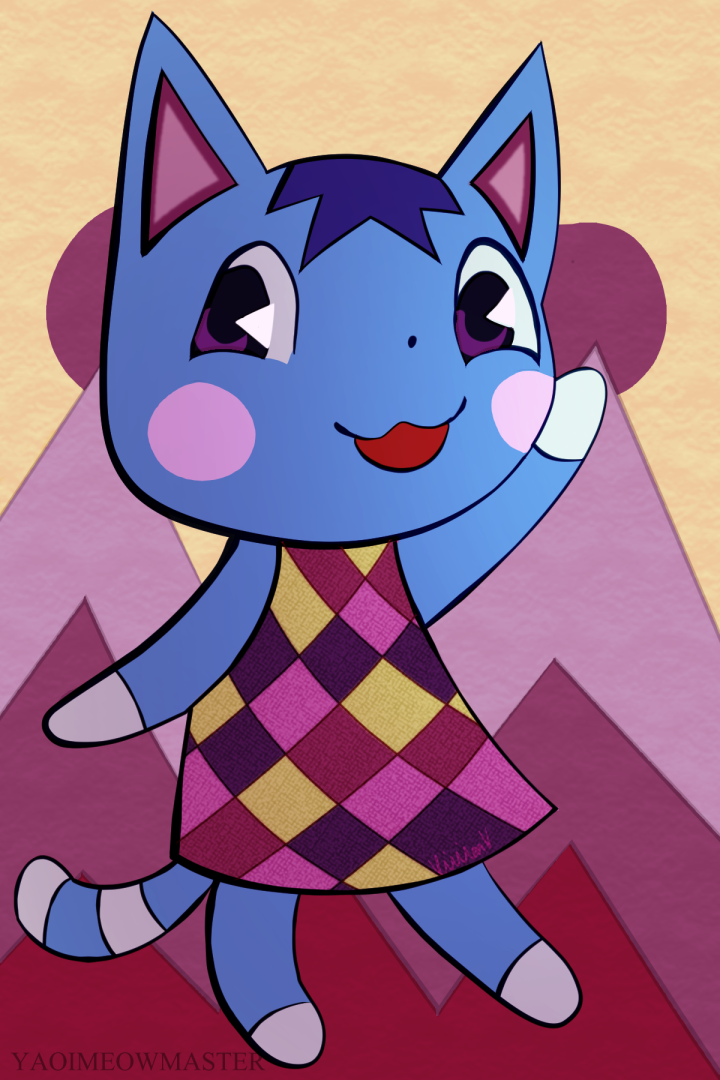abstract_background animal_crossing anthro blue_fur blush cat clothed clothing dress feline female fur looking_at_viewer mammal nintendo open_mouth purple_eyes rosie_(animal_crossing) solo standing video_games yaoimeowmaster
