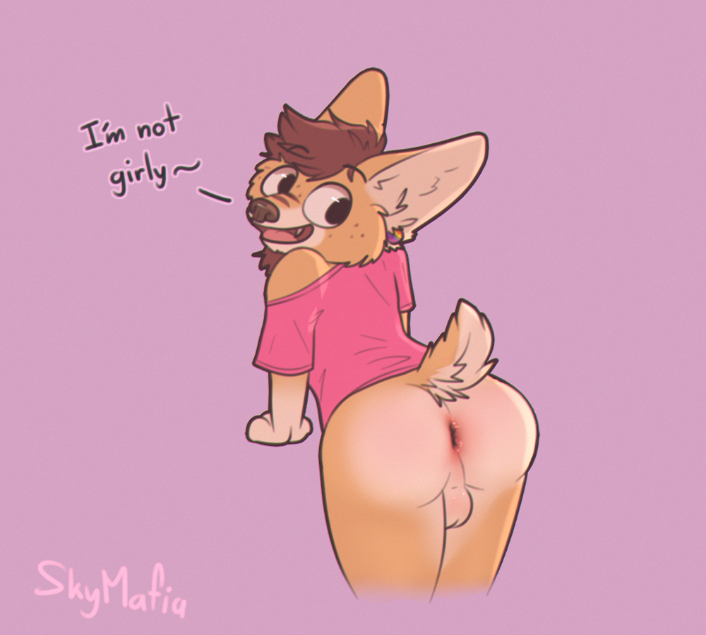 2018 anthro anus backsack balls bottomless butt canine clothed clothing dialogue digital_media_(artwork) fennec fox hair looking_back loose_shirt male mammal piercing presenting presenting_hindquarters short_tail simple_background skymafia smile solo text