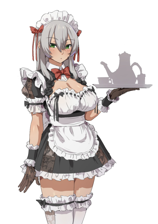 apron black_dress black_flower black_gloves black_rose blush bow breasts cleavage cleavage_cutout cowboy_shot dark_skin dress eyebrows_visible_through_hair flower frilled_legwear gloves green_eyes grey_hair hair_between_eyes hair_bow holding holding_tray large_breasts long_hair looking_at_viewer maid maid_headdress mdf_an original panties print_dress print_gloves puffy_short_sleeves puffy_sleeves red_bow ribbon-trimmed_clothes ribbon_trim rose see-through short_dress short_sleeves simple_background solo thighhighs tray underwear waist_apron white_background white_legwear white_panties zettai_ryouiki