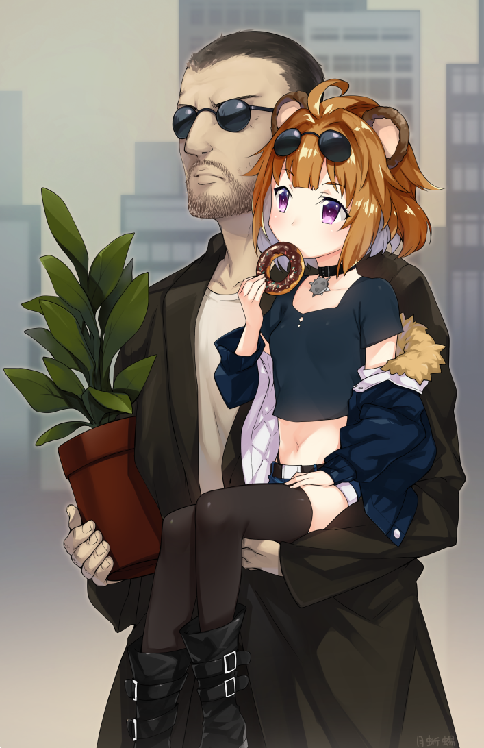 1girl animal_ears bear_ears brown_hair choker commentary commentary_request doughnut eating eyewear_on_head facial_hair food fur_trim girls_frontline glasses grizzly_mkv_(girls_frontline) jacket leon_(leon_the_professional) leon_the_professional plant potted_plant purple_eyes short_hair stubble thighhighs trench_coat tsuki_tokage younger