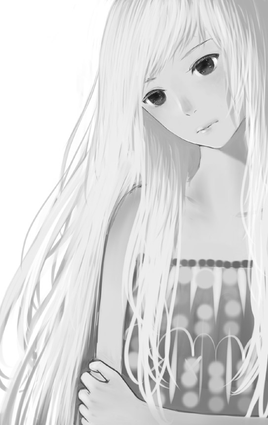 bare_shoulders black_eyes close-up dress expressionless eyebrows_visible_through_hair eyelashes grey_dress grey_hair greyscale hand_on_own_arm head_tilt long_hair looking_down monochrome multicolored_hair original polka_dot sakimori_(hououbds) shadow simple_background sleeveless solo two-tone_hair upper_body very_long_hair white_background white_hair