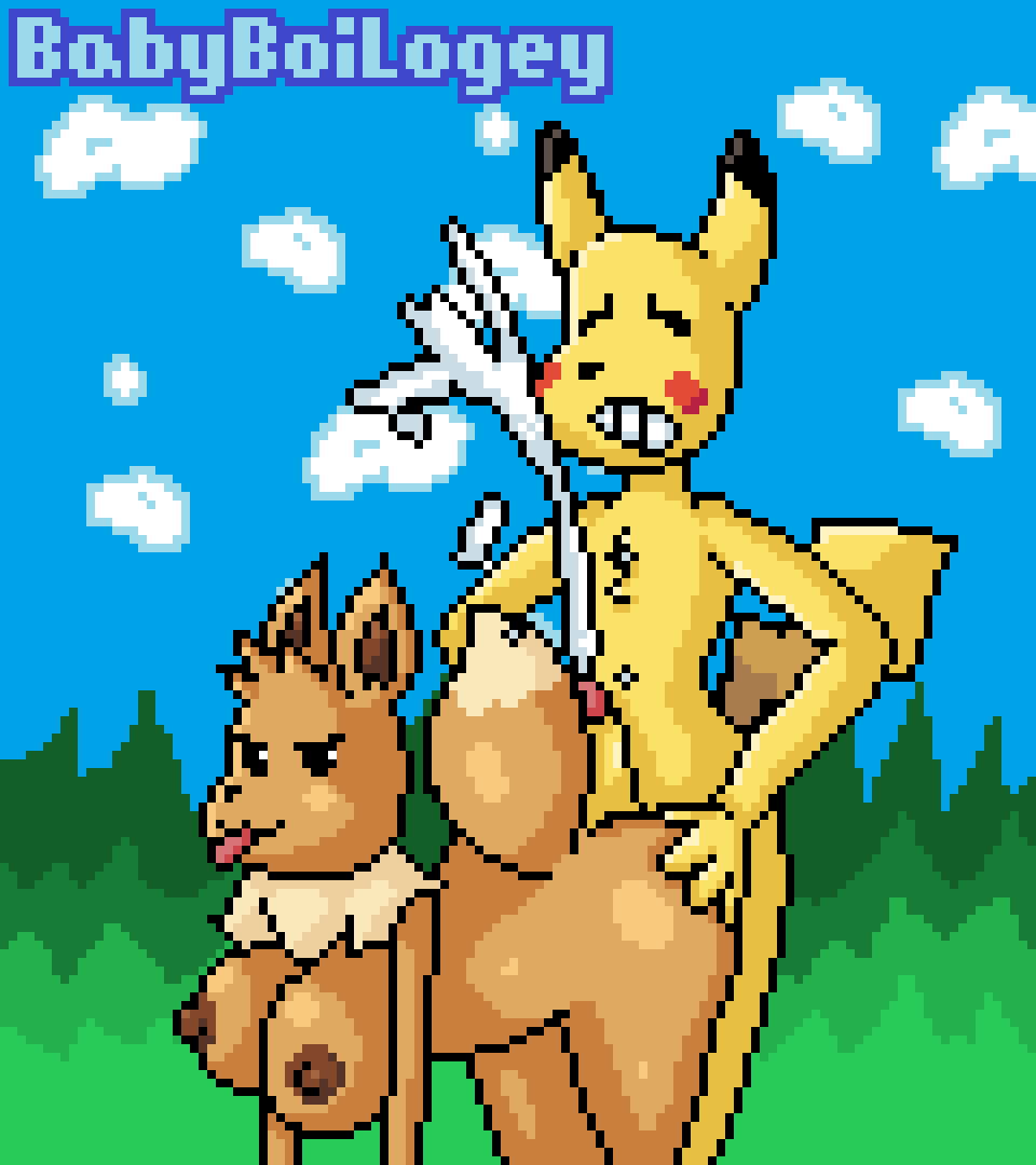 anthro anthro_on_anthro anthrofied babyboilogey big_breasts breasts cum cumshot digital_media_(artwork) duo eevee ejaculation female hot_dogging male male/female nintendo orgasm penis pikachu pixel_(artwork) pok&eacute;mon pok&eacute;mon_(species) sex video_games