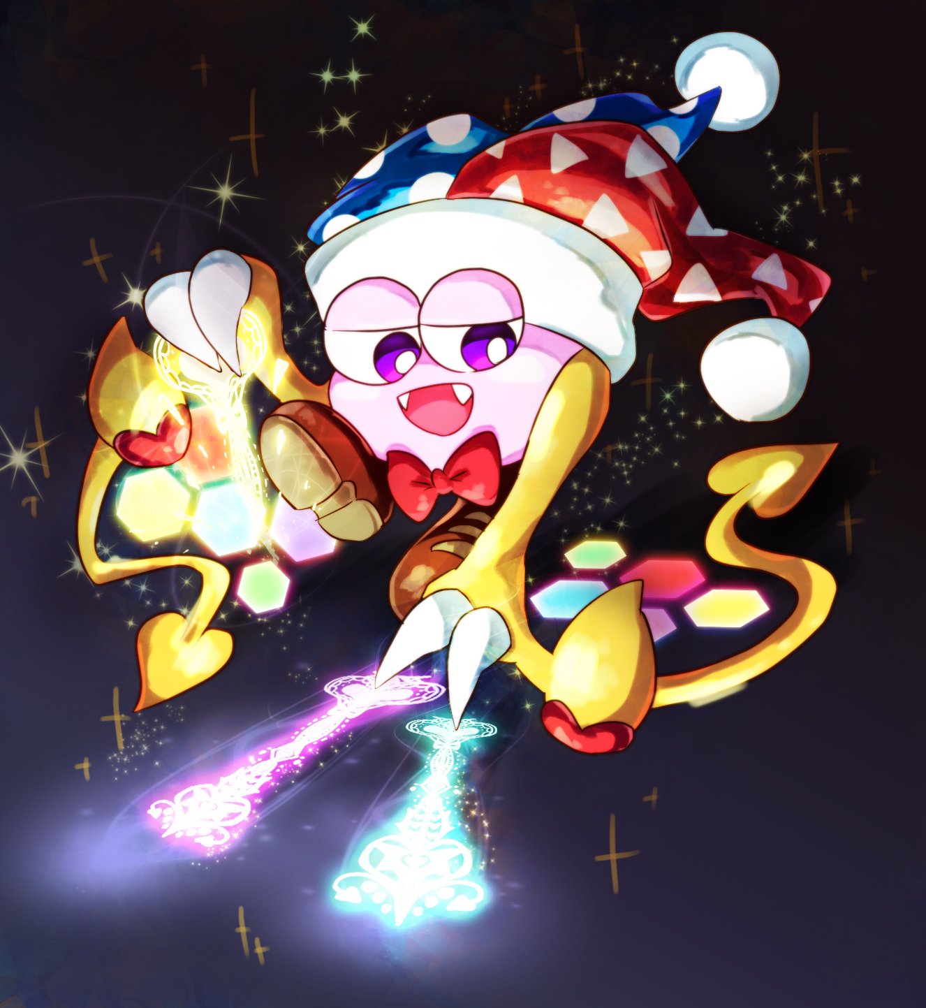 bow bowtie claws commentary_request dark_background fangs flying glowing gradient gradient_background hallons_kabo hat heart hexagon highres jester_cap kirby_(series) magic marx no_humans open_mouth purple_eyes red_bow red_neckwear scales smile solo sparkle wings yellow_wings