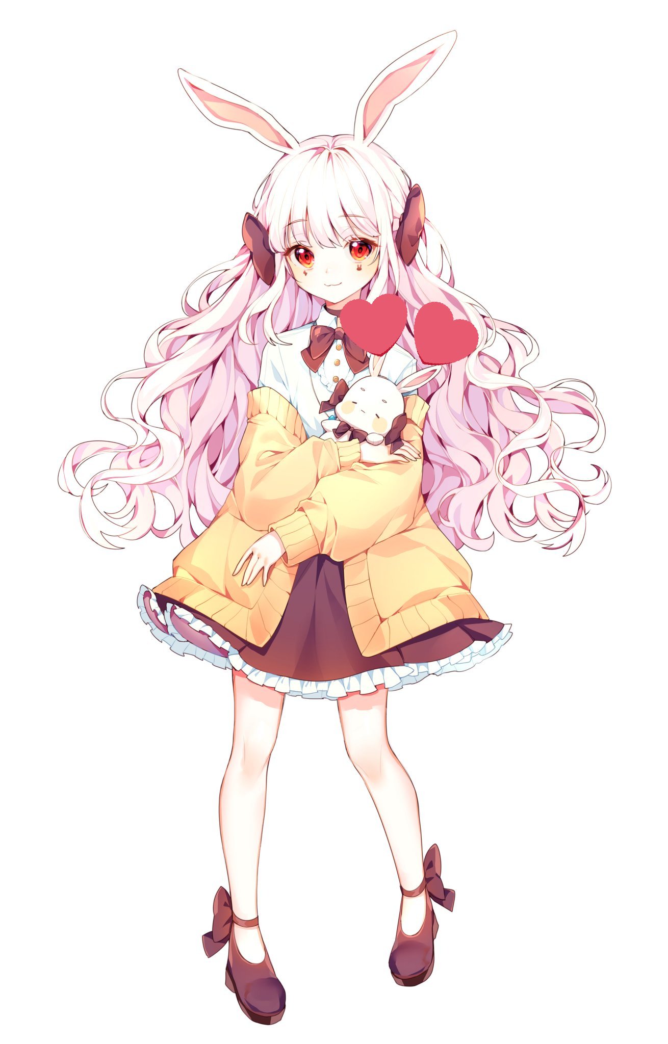 animal animal_ears blush bow brown_bow brown_skirt bunny bunny_ears choker closed_mouth collared_shirt curly_hair eyebrows_visible_through_hair full_body ha_youn high_heels highres holding holding_animal long_hair looking_at_viewer original red_eyes shirt skirt smile solo sweater white_hair white_shirt