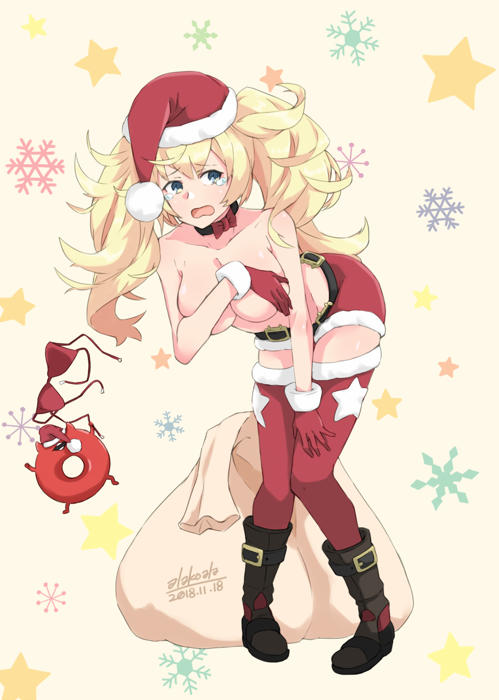 alakoala_shoushou alternate_costume belt bikini_top_removed blonde_hair blue_eyes blush boots breasts christmas collar commentary_request covering covering_breasts dated enemy_lifebuoy_(kantai_collection) full_body fur_trim gambier_bay_(kantai_collection) gloves hair_between_eyes hat highres kantai_collection large_breasts leaning_forward long_hair looking_at_viewer open_mouth red_bikini_top red_gloves red_shorts sack santa_costume santa_hat short_shorts shorts simple_background solo tears thighhighs topless twintails