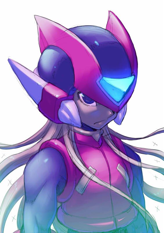 android black_eyes blonde_hair commentary_request helmet hi-go! long_hair male_focus rockman rockman_zero serious simple_background solo upper_body white_background zero_(rockman)