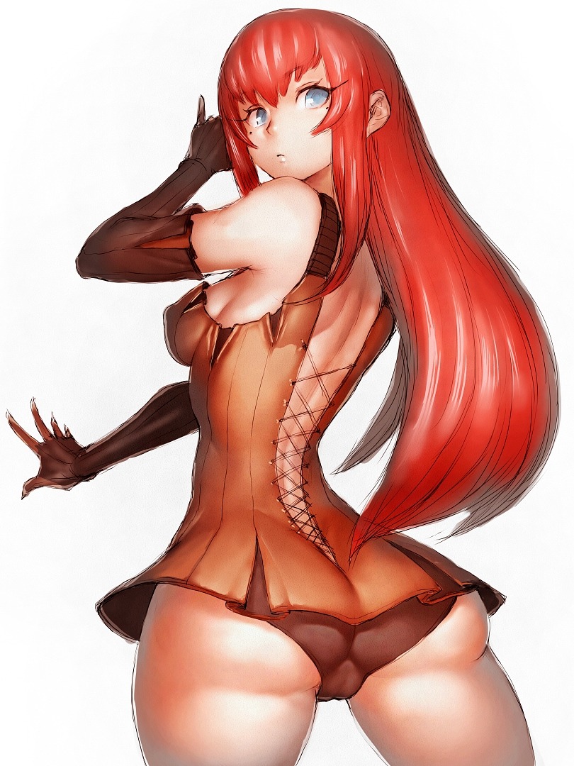 ass bare_back bare_shoulders black_panties blue_eyes breasts cameltoe character_request commentary_request covered_nipples elbow_gloves fumio_(rsqkr) gloves long_hair looking_at_viewer looking_back medium_breasts mole mole_under_eye panties red_hair sideboob skirt solo thighs trefoil underwear