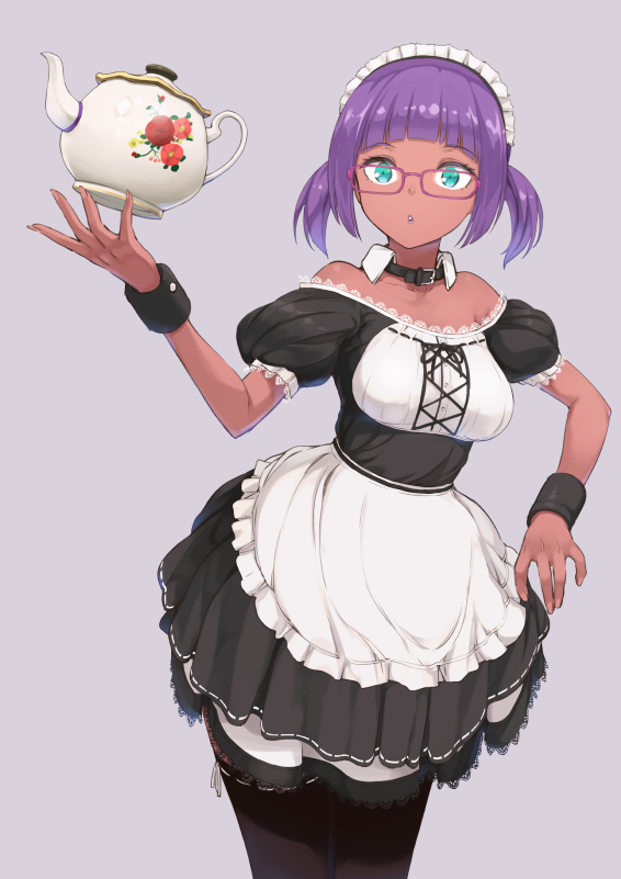 :o alternate_costume aqua_eyes bangs bare_shoulders blunt_bangs breasts choker commentary cowboy_shot dark_skin detached_collar dress glasses maeda_risou maid maid_headdress medium_breasts menat off_shoulder open_mouth puffy_short_sleeves puffy_sleeves short_hair short_sleeves short_twintails solo street_fighter teapot thighhighs twintails wrist_cuffs