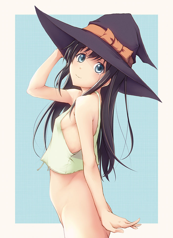 asashio_(kantai_collection) ass black_hair blue_background blue_eyes blush bottomless breasts closed_mouth commentary_request eyebrows_visible_through_hair graphite_(medium) hat kantai_collection long_hair looking_at_viewer mechanical_pencil pencil shirt simple_background slowpit small_breasts smile traditional_media white_shirt witch_hat