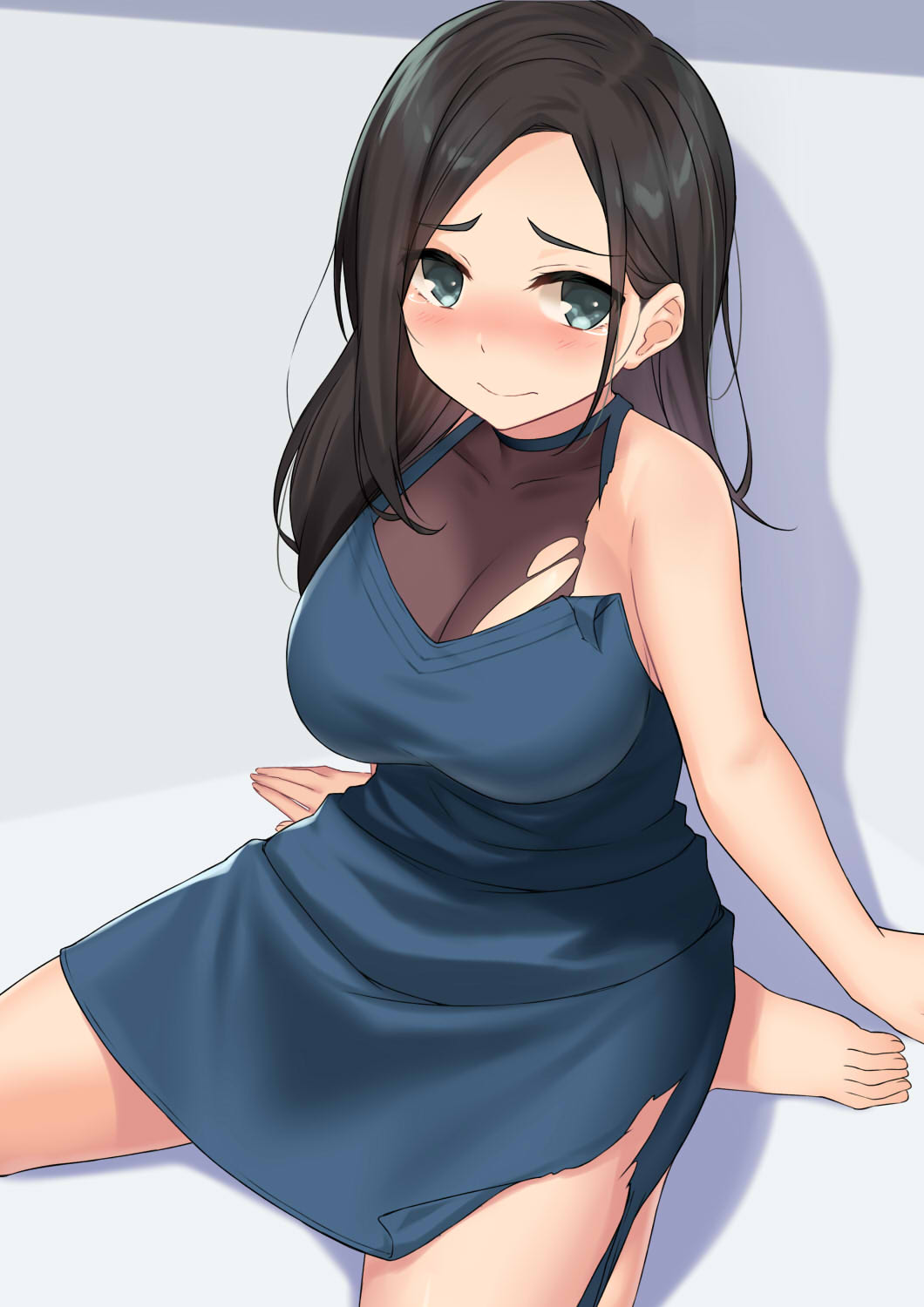 arm_support bangs bare_arms bare_legs bare_shoulders barefoot black_hair blue_dress blush breasts cccpo cleavage closed_mouth collarbone dress grey_eyes highres large_breasts long_hair looking_at_viewer nose_blush original parted_bangs shadow side_slit simple_background sitting sleeveless sleeveless_dress solo tears torn_clothes torn_dress wariza white_background