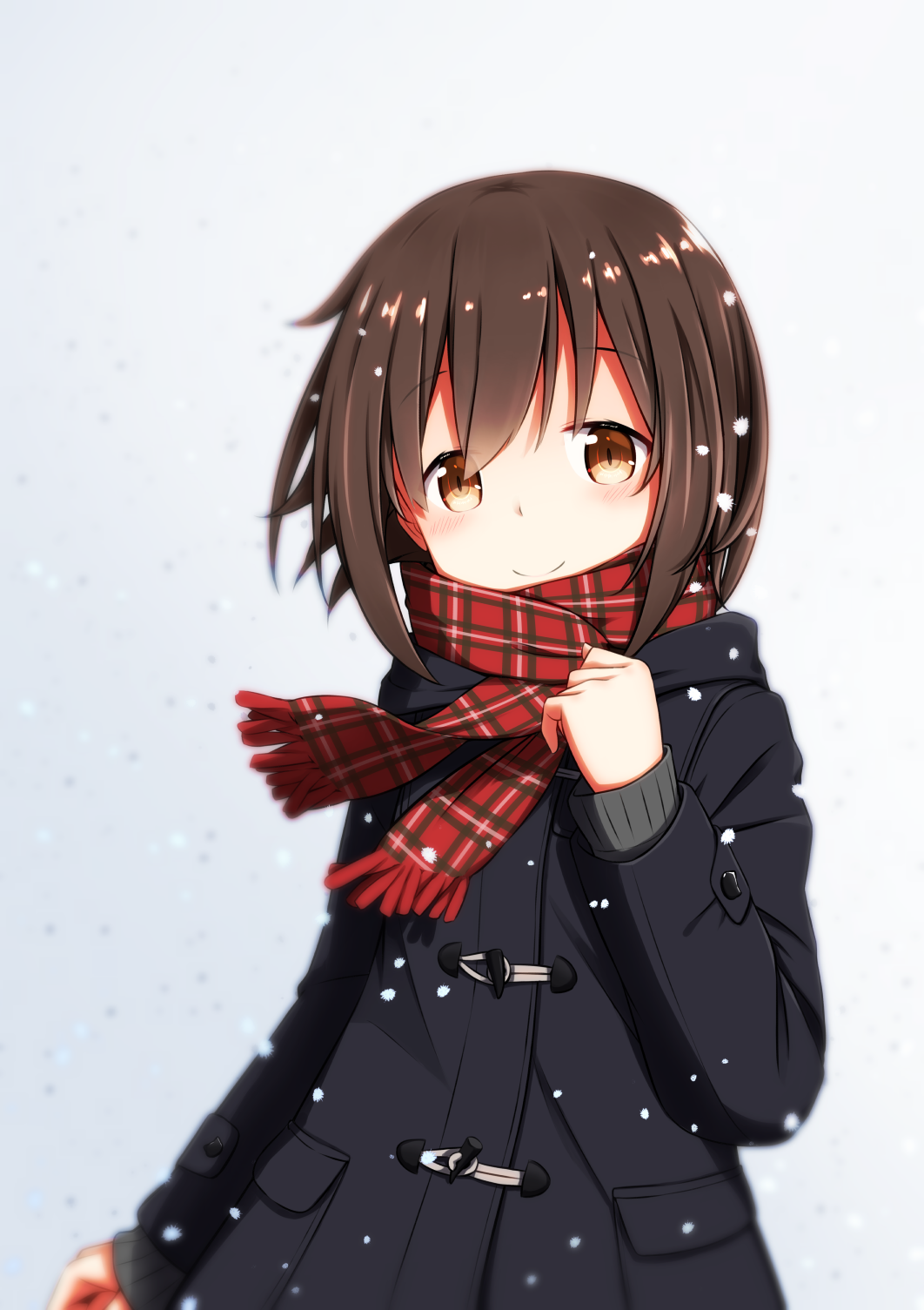 aoi_thomas arm_at_side bangs black_coat blush brown_eyes brown_hair closed_mouth commentary_request eyebrows_visible_through_hair fringe_trim grey_background hair_between_eyes hand_up head_tilt highres long_sleeves looking_at_viewer original plaid plaid_scarf red_scarf scarf sidelocks sleeves_past_wrists smile solo
