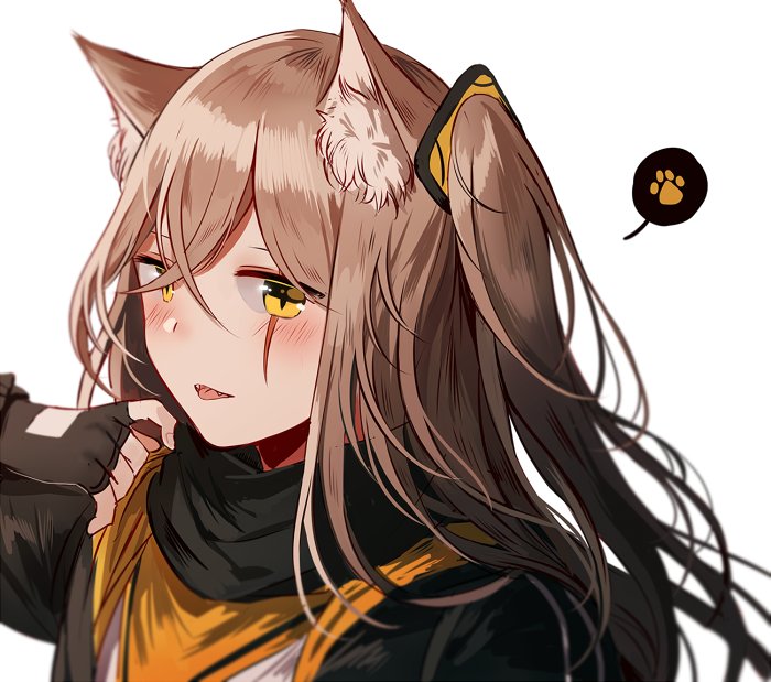 :d animal_ears bangs black_gloves blush brown_hair cat_ears eyebrows_visible_through_hair face fingerless_gloves girls_frontline gloves hair_between_eyes hair_ornament long_hair looking_at_viewer one_side_up open_mouth paw_print scar silence_girl smile solo ump45_(girls_frontline) yellow_eyes