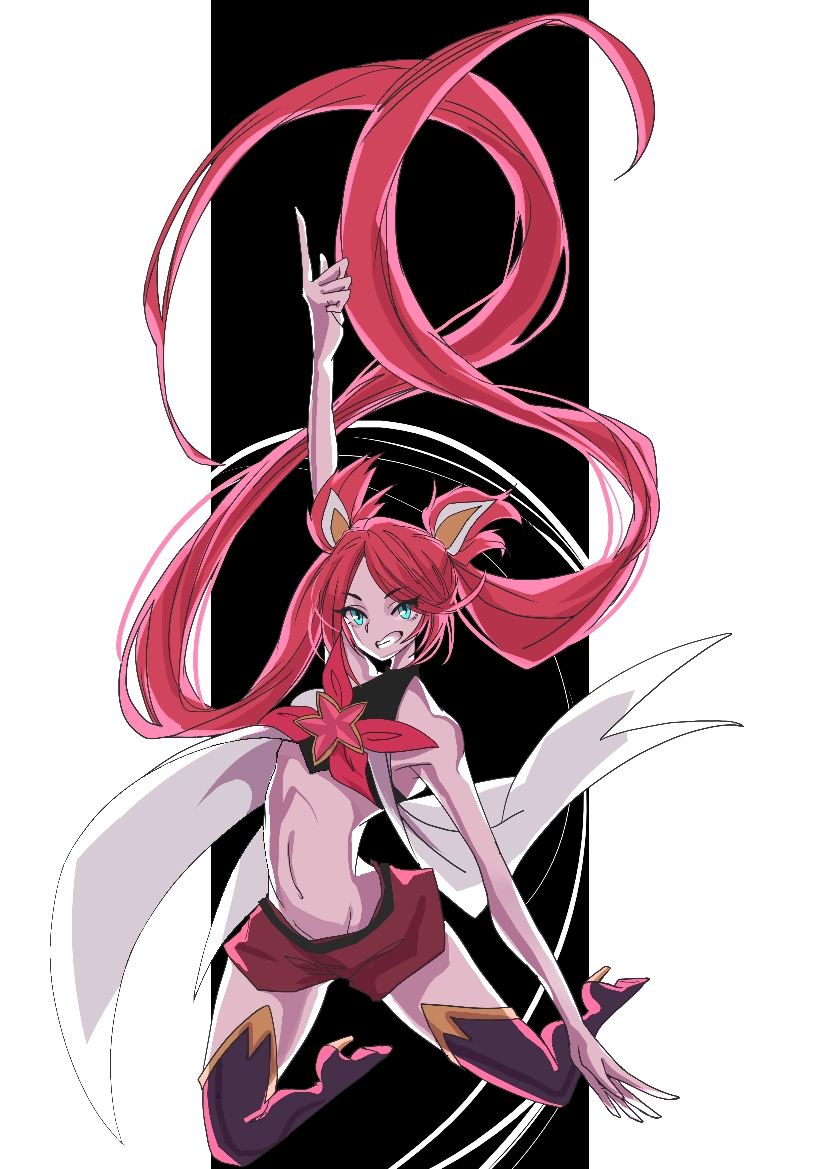 1girl alternate_costume alternate_hair_color alternate_hairstyle bare_shoulders belt black_gloves black_legwear blue_eyes boots bow elbow_gloves fingerless_gloves gloves hair_ornament high_heel_boots high_heels jinx_(league_of_legends) league_of_legends long_hair magical_girl red_bow red_hair red_neckwear short_shorts shorts smile solo star_guardian_jinx thigh_boots thighhighs tied_hair twintails very_long_hair