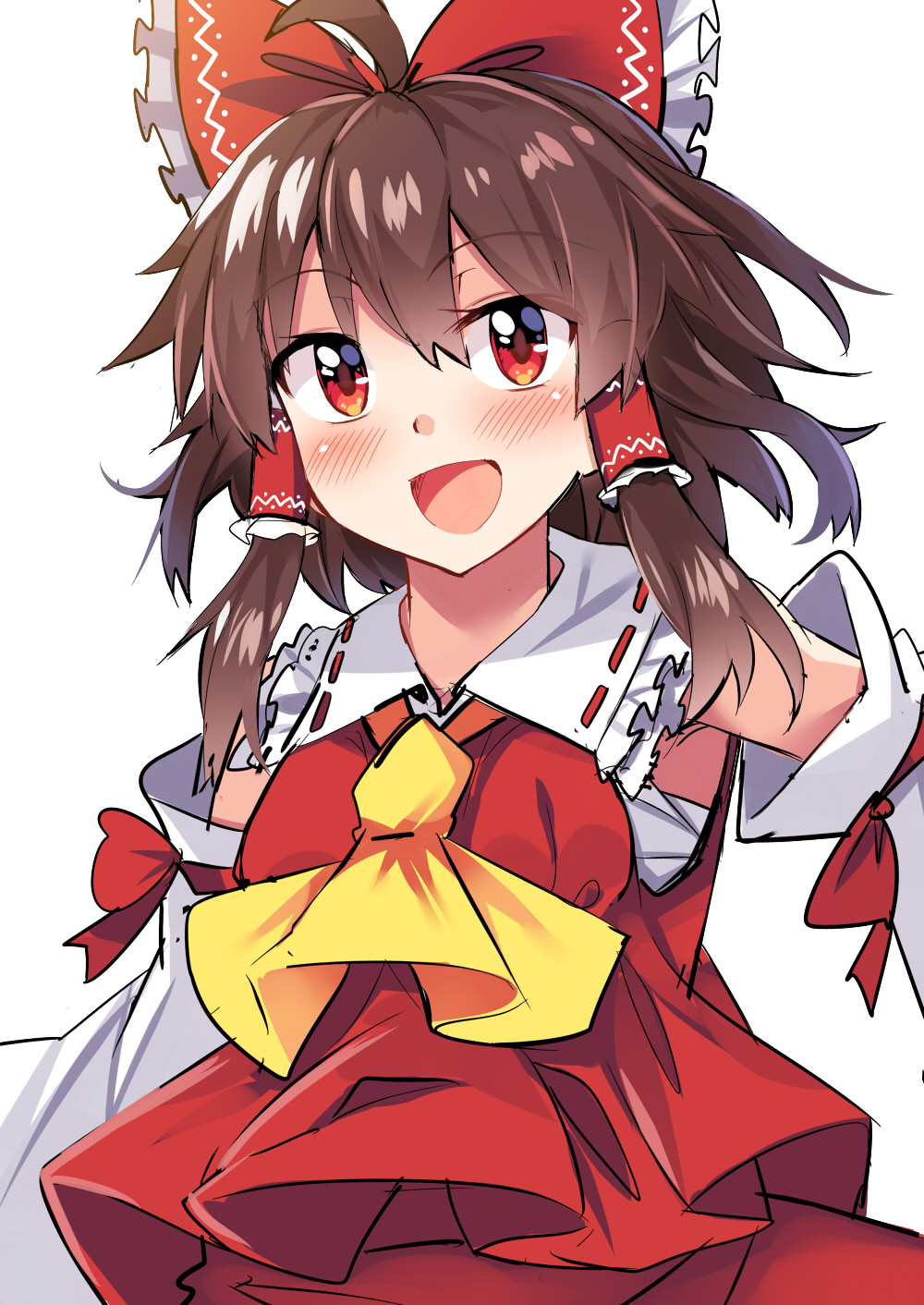 :d ahoge arm_ribbon ascot bangs bare_shoulders blush bow breasts brown_hair commentary_request cowboy_shot detached_sleeves e.o. eyebrows_visible_through_hair frilled_shirt_collar frills hair_between_eyes hair_bow hair_tubes hakurei_reimu highres long_sleeves looking_at_viewer medium_breasts open_mouth red_bow red_eyes red_ribbon red_skirt ribbon sarashi short_hair sidelocks simple_background skirt skirt_set smile solo touhou white_background wide_sleeves yellow_neckwear