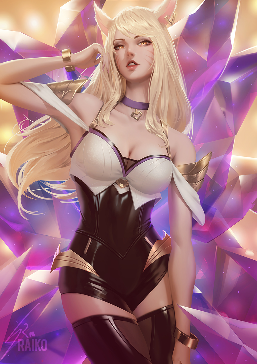 ahri animal_ears artist_name bare_shoulders black_legwear blonde_hair bracelet breasts choker cleavage fox_ears fox_tail heart heart_choker highres idol jewelry k/da_(league_of_legends) k/da_ahri large_breasts league_of_legends leotard long_hair looking_at_viewer multiple_tails off_shoulder parted_lips raikoart revision signature single_earring solo tail thighhighs whisker_markings yellow_eyes