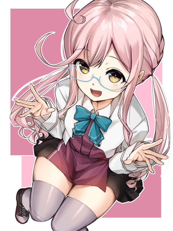 ahoge aqua-framed_eyewear blazer boots bow bowtie commentary_request cross-laced_footwear double_bun from_above full_body glasses grey_jacket grey_legwear hair_bun halterneck jacket kantai_collection lace-up_boots long_sleeves makigumo_(kantai_collection) open_mouth pink_hair remodel_(kantai_collection) round_eyewear school_uniform semi-rimless_eyewear sitting skindentation sleeves_past_wrists smile solo thighhighs twintails under-rim_eyewear yellow_eyes youmou_usagi