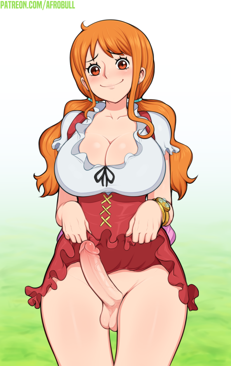 afrobull bracelet breasts cleavage closed_mouth collarbone embarrassed erection frills full-package_futanari futanari gradient gradient_background green_background jewelry large_breasts looking_at_viewer nami_(one_piece) no_panties one_piece orange_eyes orange_hair penis short_sleeves skirt skirt_lift standing thigh_gap twintails