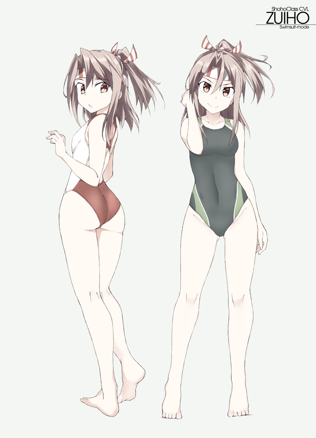 ass ass_visible_through_thighs barefoot black_swimsuit breasts brown_eyes character_name competition_swimsuit contrapposto from_behind full_body grey_background hachimaki headband high_ponytail kantai_collection light_brown_hair long_hair looking_at_viewer looking_back multiple_views one-piece_swimsuit ponytail simple_background small_breasts souji standing swimsuit white_swimsuit zuihou_(kantai_collection)
