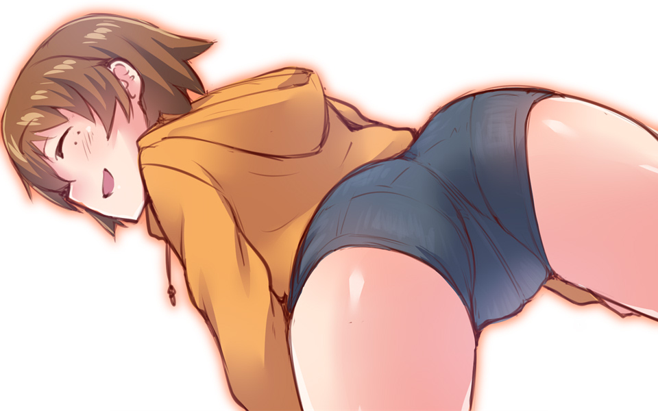 ass blush brown_hair closed_eyes em girls_und_panzer hood hoodie open_mouth short_hair short_shorts shorts simple_background smile solo tsuchiya_(girls_und_panzer) white_background