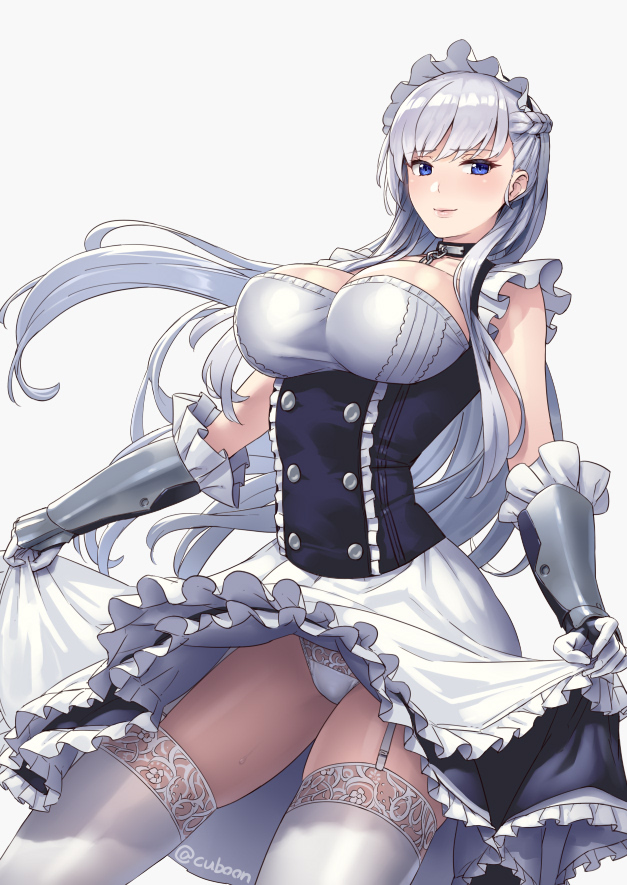 apron azur_lane bangs belfast_(azur_lane) blue_eyes blush braid breasts chain cleavage closed_mouth collar collarbone commentary_request cuboon dated dress dress_lift dutch_angle elbow_gloves eyebrows_visible_through_hair french_braid frilled_gloves frills garter_straps gauntlets gloves grey_background large_breasts long_hair looking_at_viewer maid maid_headdress panties pantyshot sidelocks silver_hair simple_background smile solo sweat thighhighs thighs twitter_username underwear white_gloves white_legwear white_panties