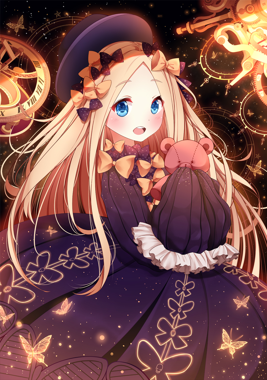 :d abigail_williams_(fate/grand_order) bangs black_bow black_dress black_hat blonde_hair blue_eyes blush bow bug butterfly commentary_request dress eyebrows_visible_through_hair fate/grand_order fate_(series) forehead hair_bow hat highres insect lokyin_house long_hair long_sleeves looking_at_viewer object_hug open_mouth orange_bow parted_bangs polka_dot polka_dot_bow roman_numerals round_teeth sky sleeves_past_fingers sleeves_past_wrists smile solo star_(sky) starry_sky stuffed_animal stuffed_toy teddy_bear teeth upper_teeth very_long_hair