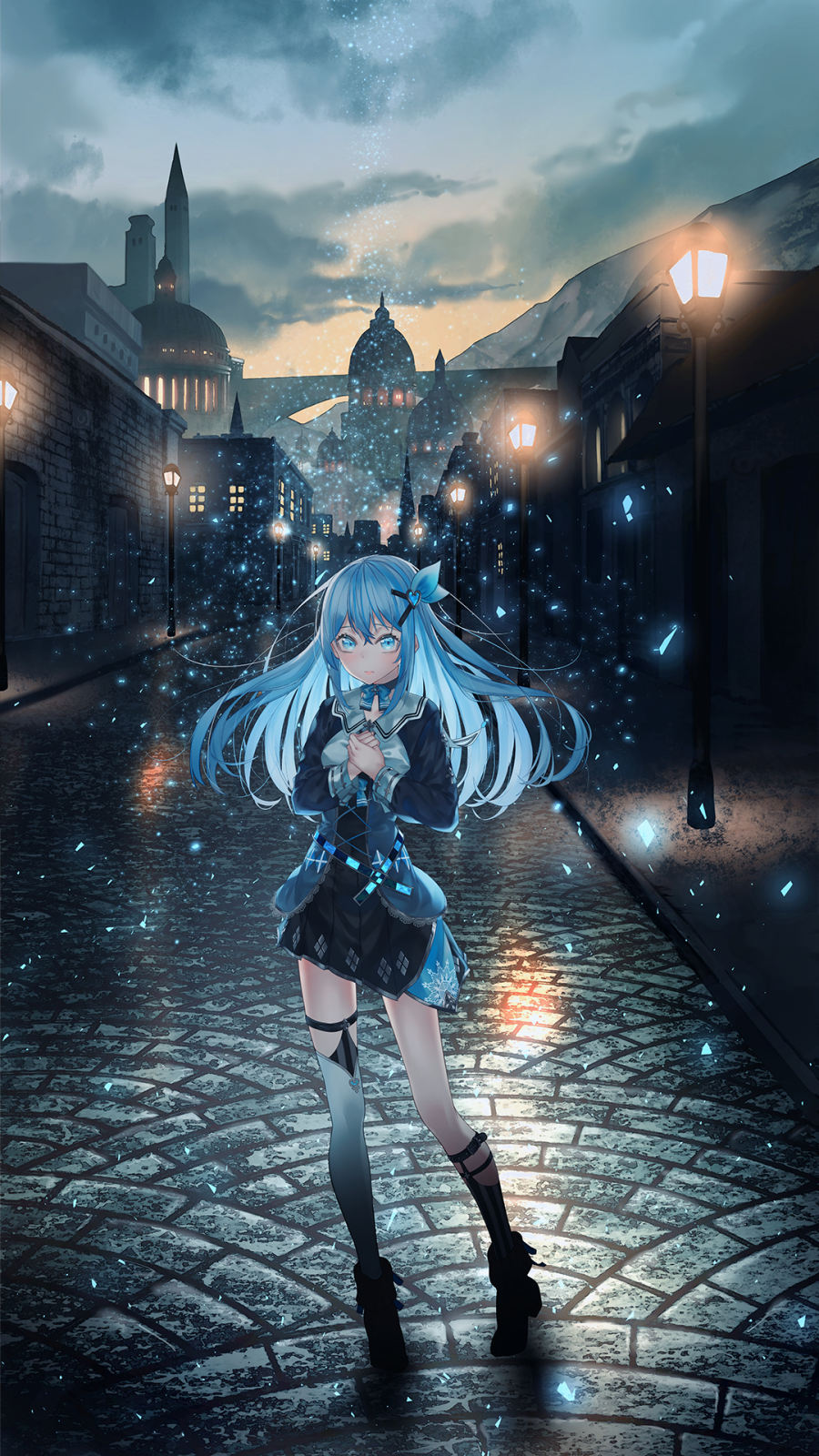 bangs black_footwear blue_dress blue_eyes blue_hair blue_ribbon blush boots breasts building cityscape closed_mouth cloud commentary_request dress dusk floating_hair full_body hair_ornament hands_together highres lamppost light light_particles long_hair looking_at_viewer neck_ribbon original outdoors ribbon saraki sidelocks single_thighhigh sky solo standing thigh_strap thighhighs white_legwear