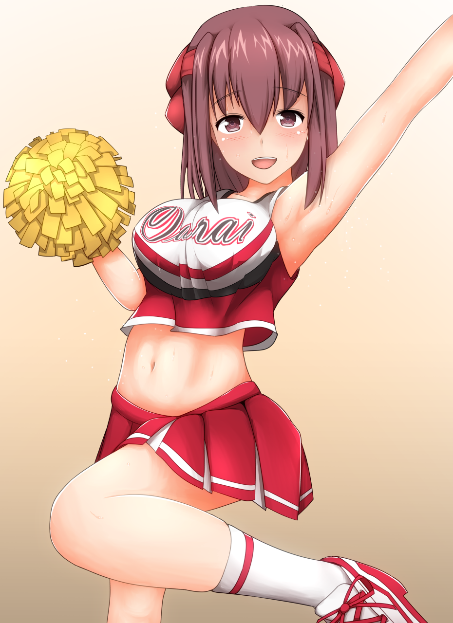 :d arm_up armpits bare_arms bare_shoulders blush breasts brown_eyes brown_hair cheerleader clothes_writing crop_top girls_und_panzer gradient gradient_background hair_between_eyes hair_ornament hair_ribbon highres kneehighs kondou_taeko large_breasts leg_up looking_at_viewer midriff miniskirt navel open_mouth pleated_skirt pom_poms red_shirt red_skirt ribbon shikakui_kyomu shirt shoes short_hair simple_background skirt sleeveless sleeveless_shirt smile sneakers solo standing standing_on_one_leg sweat teeth white_legwear