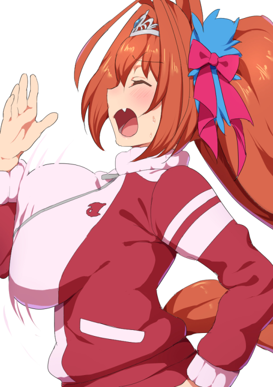 animal_ears bangs blush bouncing_breasts bow breasts brown_hair daiwa_scarlet eyebrows_visible_through_hair fang from_side hair_bow horse_ears horse_girl horse_tail large_breasts long_hair mdf_an open_mouth running solo tail track_suit twintails umamusume very_long_hair zipper_pull_tab