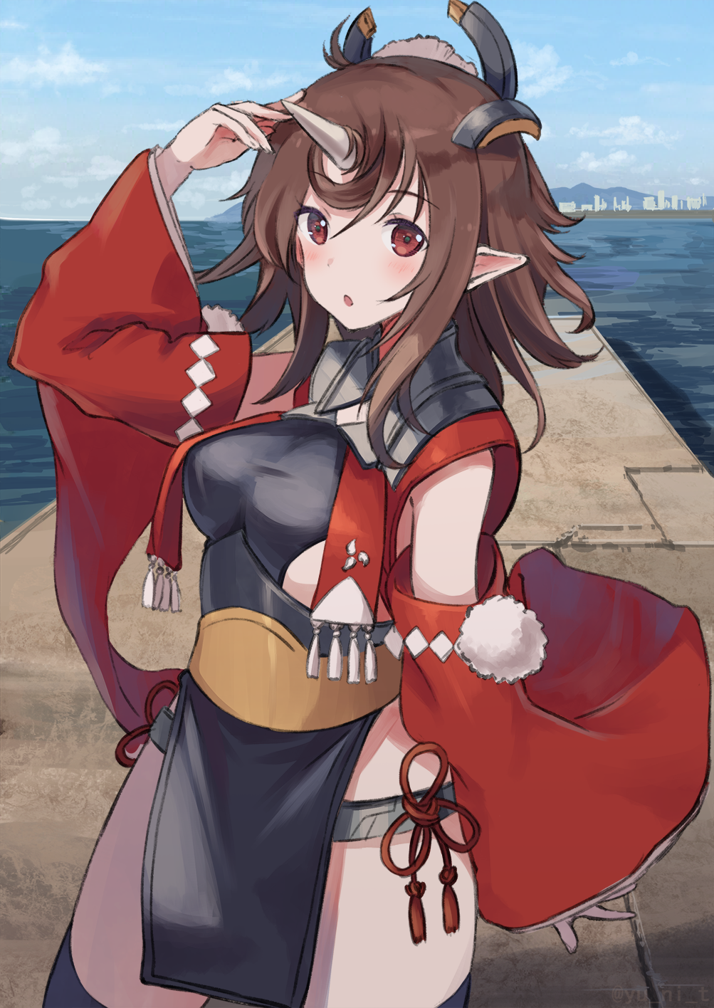 :o armpit_peek azur_lane bangs black_legwear blue_sky blush breasts brown_hair building cloud cowboy_shot day detached_sleeves eyebrows_visible_through_hair hand_up harbor headgear highres horizon horn legs_apart long_hair long_sleeves looking_at_viewer medium_breasts mogami_(azur_lane) ocean outdoors parted_lips pelvic_curtain pointy_ears red_eyes remodel_(azur_lane) sideboob sidelocks sky sleeves_past_wrists solo standing tassel thighhighs twitter_username water wide_sleeves yu_ni_t