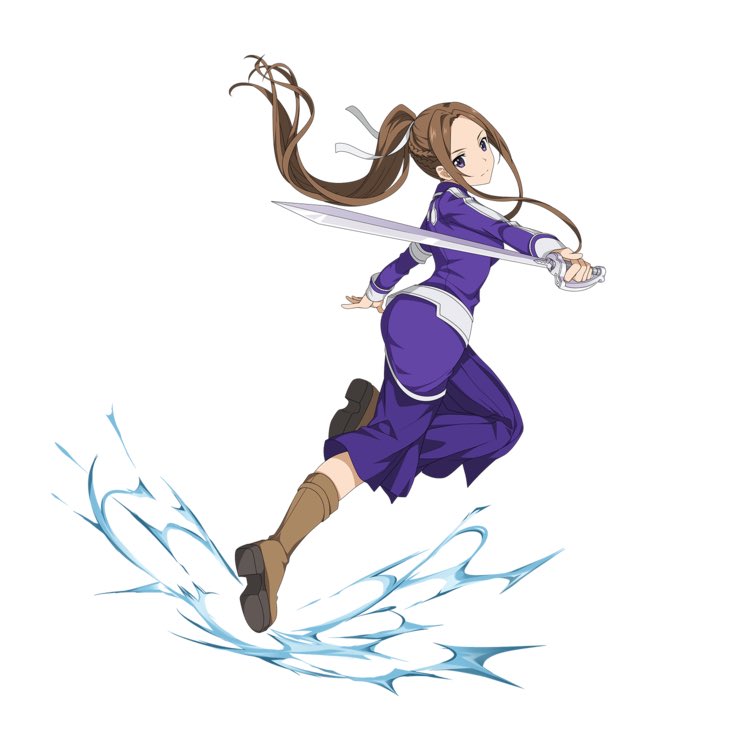 boots brown_eyes brown_footwear brown_hair floating_hair full_body hair_ribbon head_tilt holding holding_sword holding_weapon jacket leg_up long_hair long_sleeves looking_at_viewer official_art pants ponytail purple_jacket purple_pants ribbon simple_background solo sortiliena_serlut sword sword_art_online sword_art_online:_code_register uniform very_long_hair weapon white_background white_ribbon